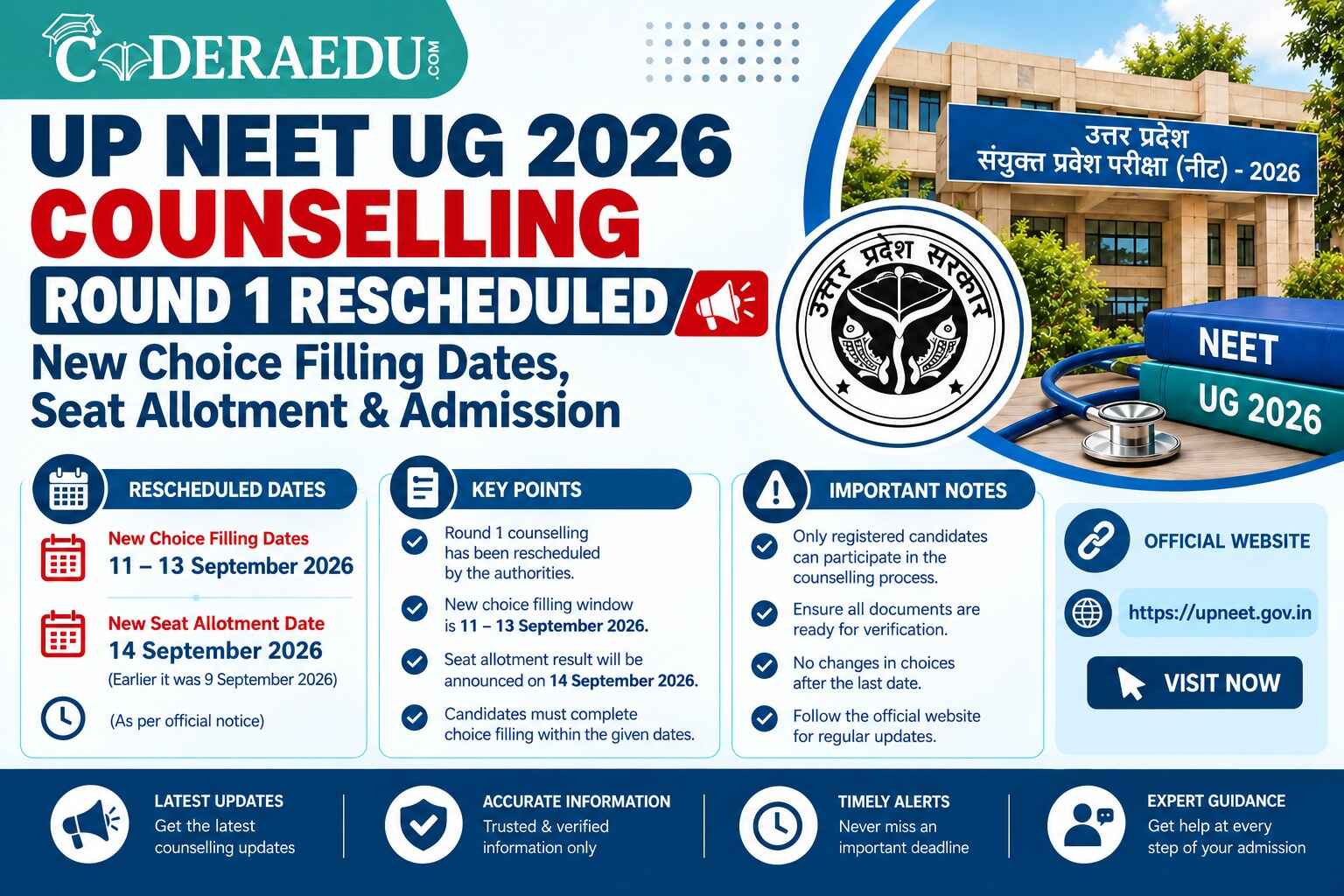 UP NEET UG Counselling 2026 Round 1 Rescheduled: New Choice Filling Dates, Seat Allotment & Admission