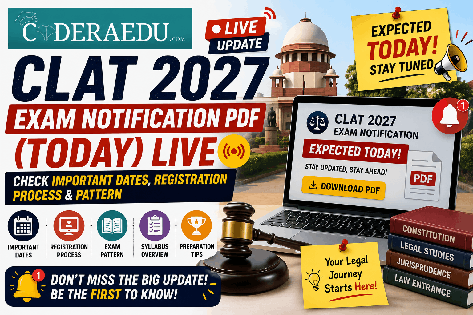 CLAT 2027 Exam Notification PDF (Today) Live: Check Important Dates, Registration Process & Pattern