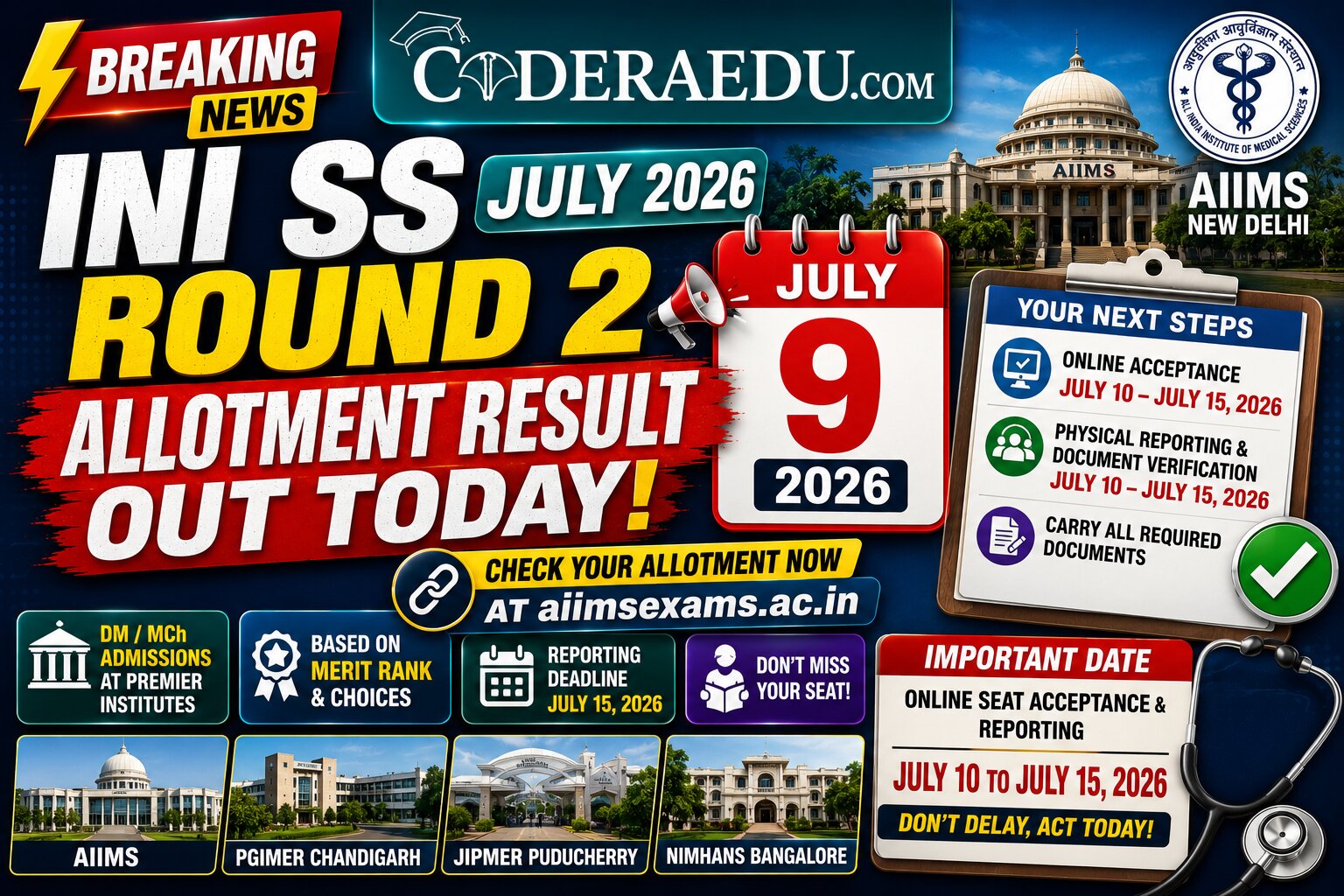 INI SS July 2026 Round 2 Seat Allotment Result Out Today at aiimsexams.ac.in: Direct Link, Reporting Dates