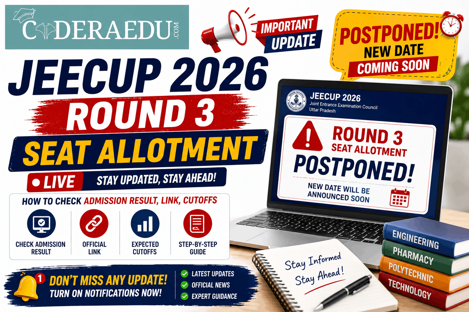 JEECUP 2026 Round 3 Seat Allotment (Postponed) LIVE: How to Check Admission Result, Link, Cutoffs