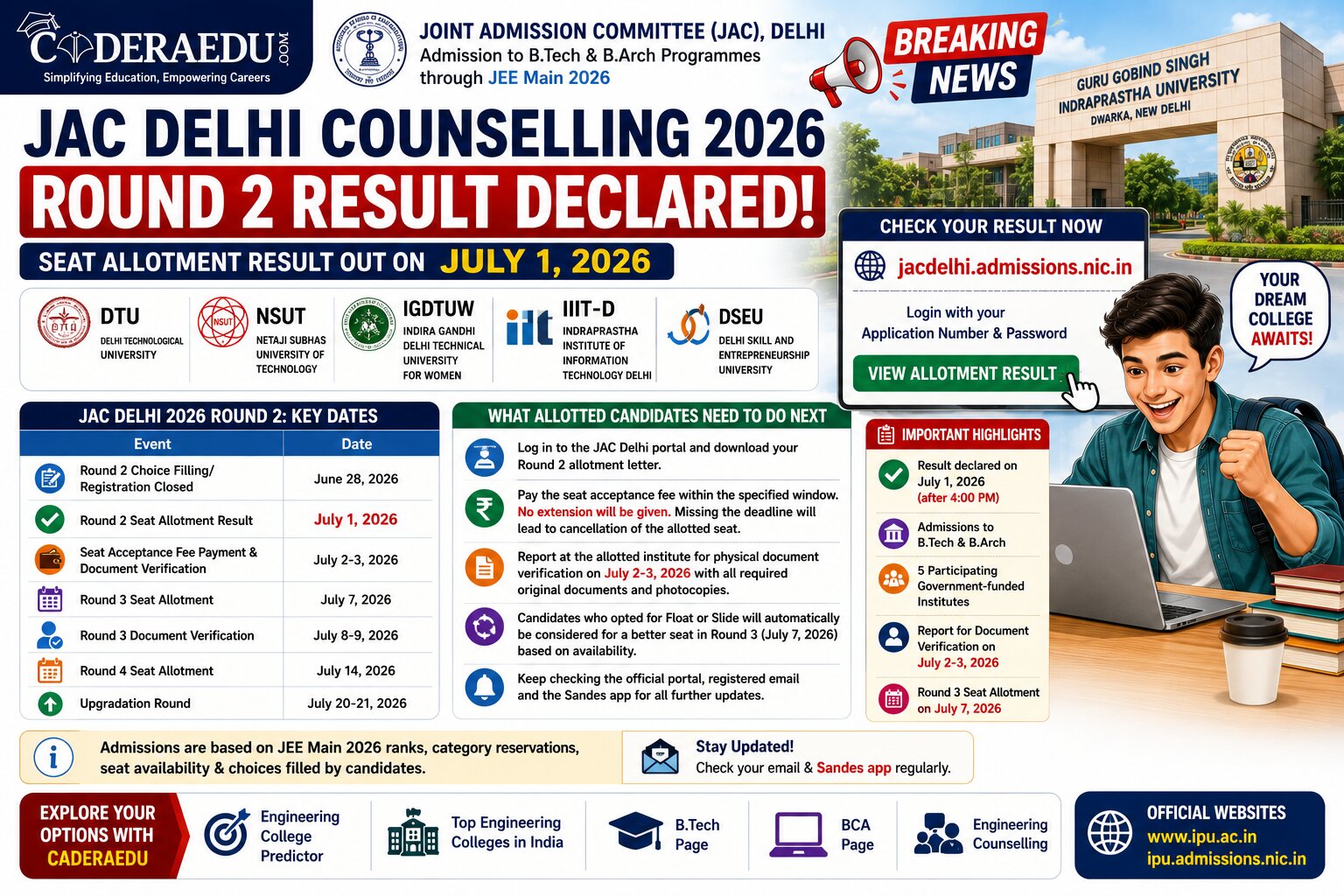 JAC Delhi Counselling 2026: Round 2 Seat Allotment Result Declared