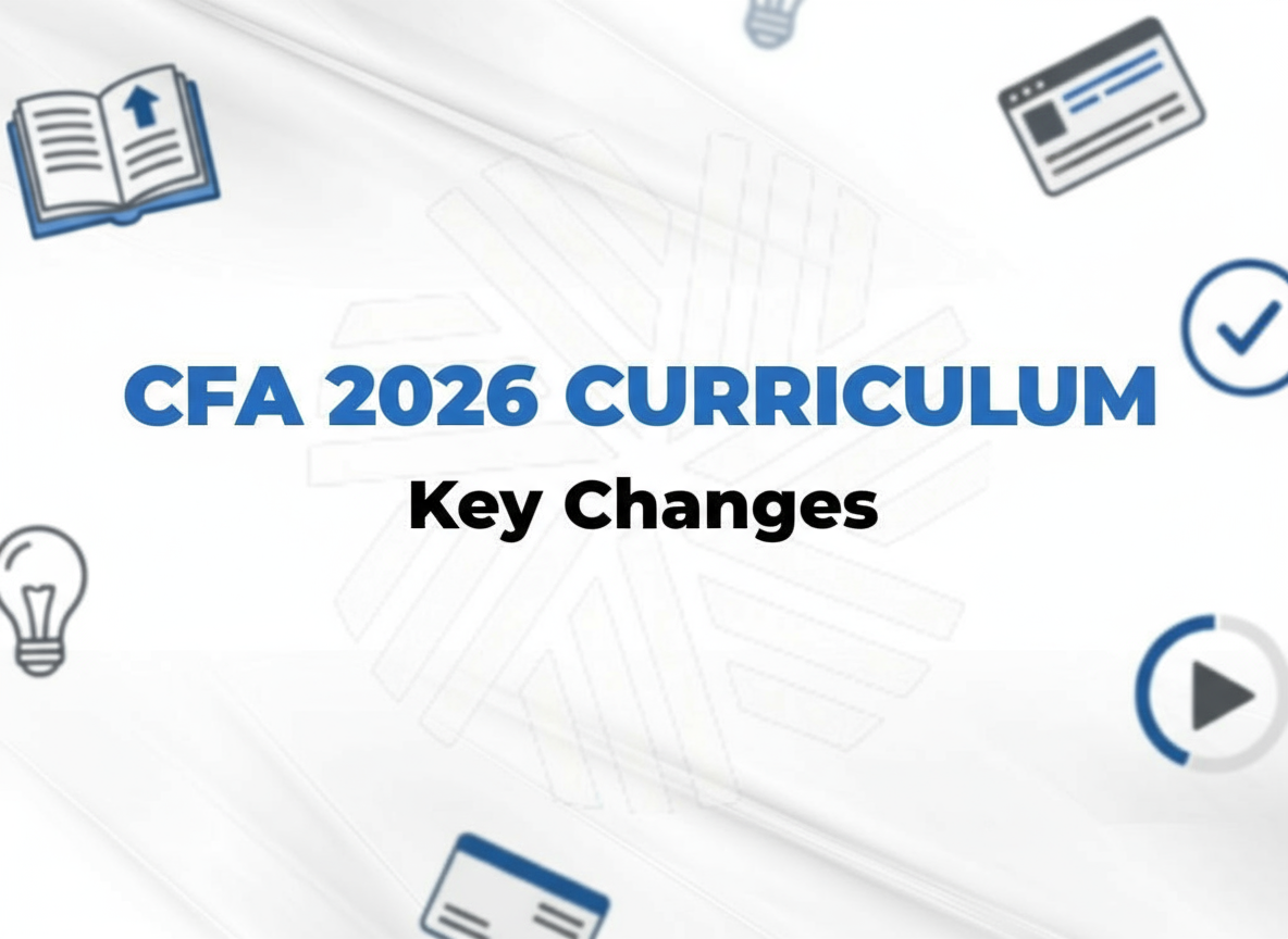 Digital illustration image with headline 'CFA 2026 Curriculum Changes What Candidates Need to Know' with two people discussing in front of a large open book