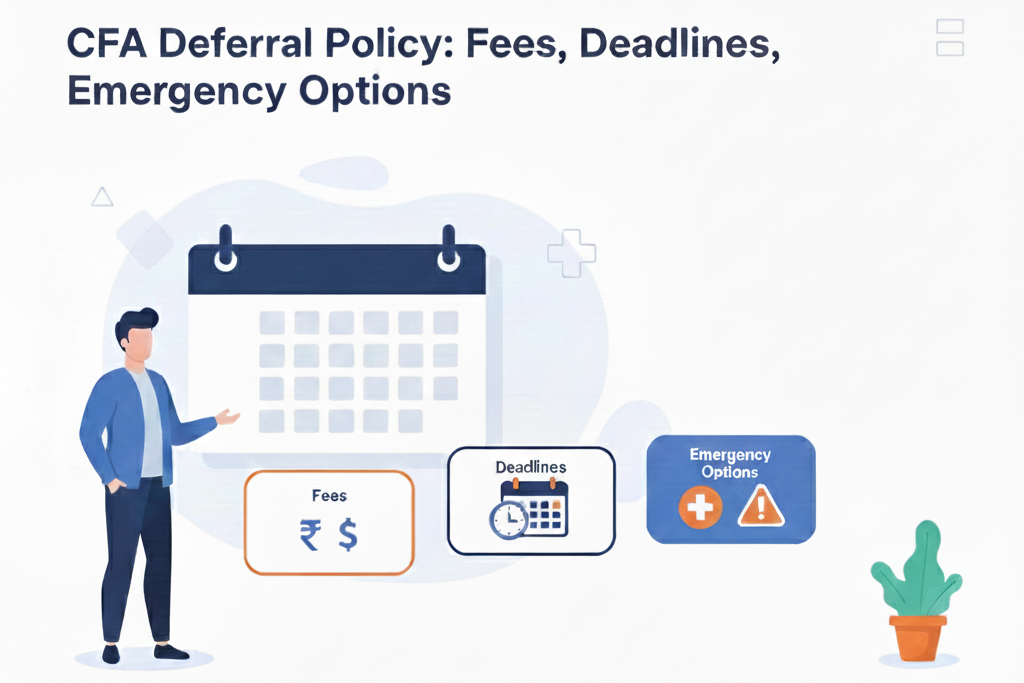 Hero image with the headline ‘CFA Deferral Policy’ with a person showing elements related to calendar, fees, deadlines, and emergency options