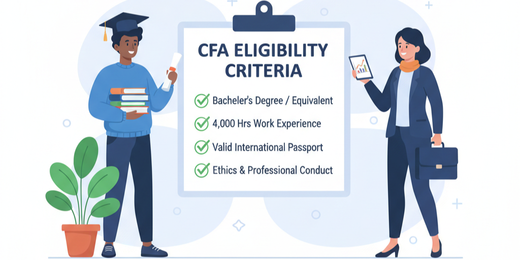 Digital illustration with headline CFA Eligibility Criteria on a huge clipboard with a student on the left and a professional worker on the right