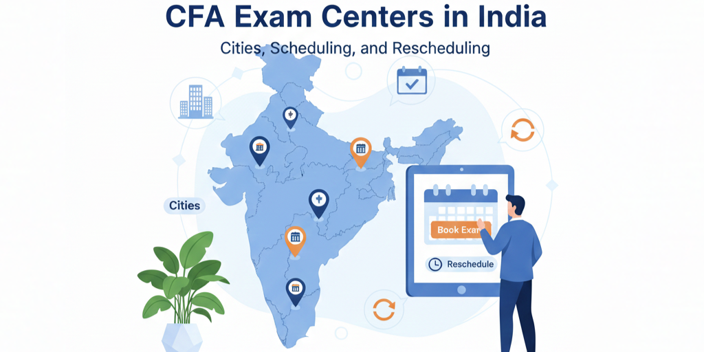 Digital illustration showing a map of India with CFA exam center locations marked, headline 'CFA Exam Centers in India' on the left