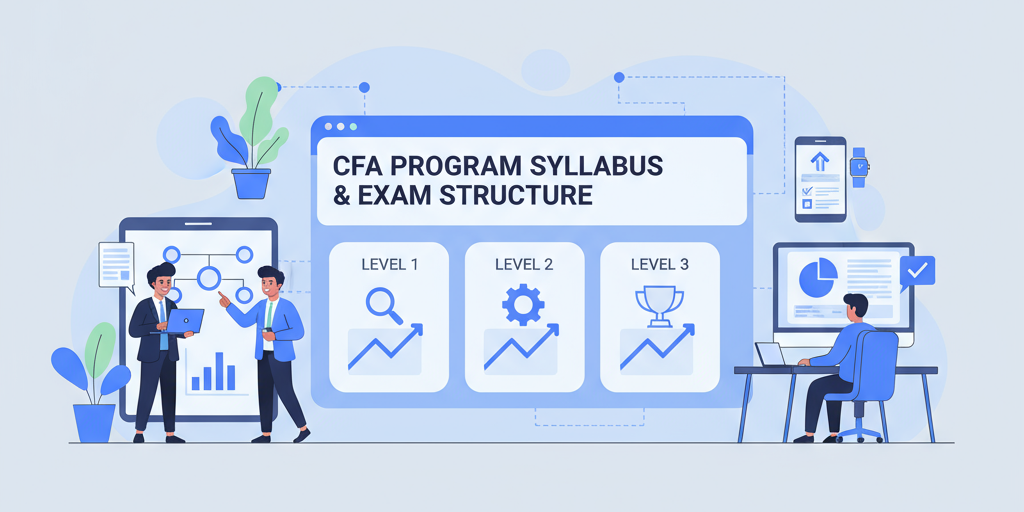 Digital illustration hero image with the headline 'CFA Program Syllabus & Exam Structure' with people discussing syllabus and studying