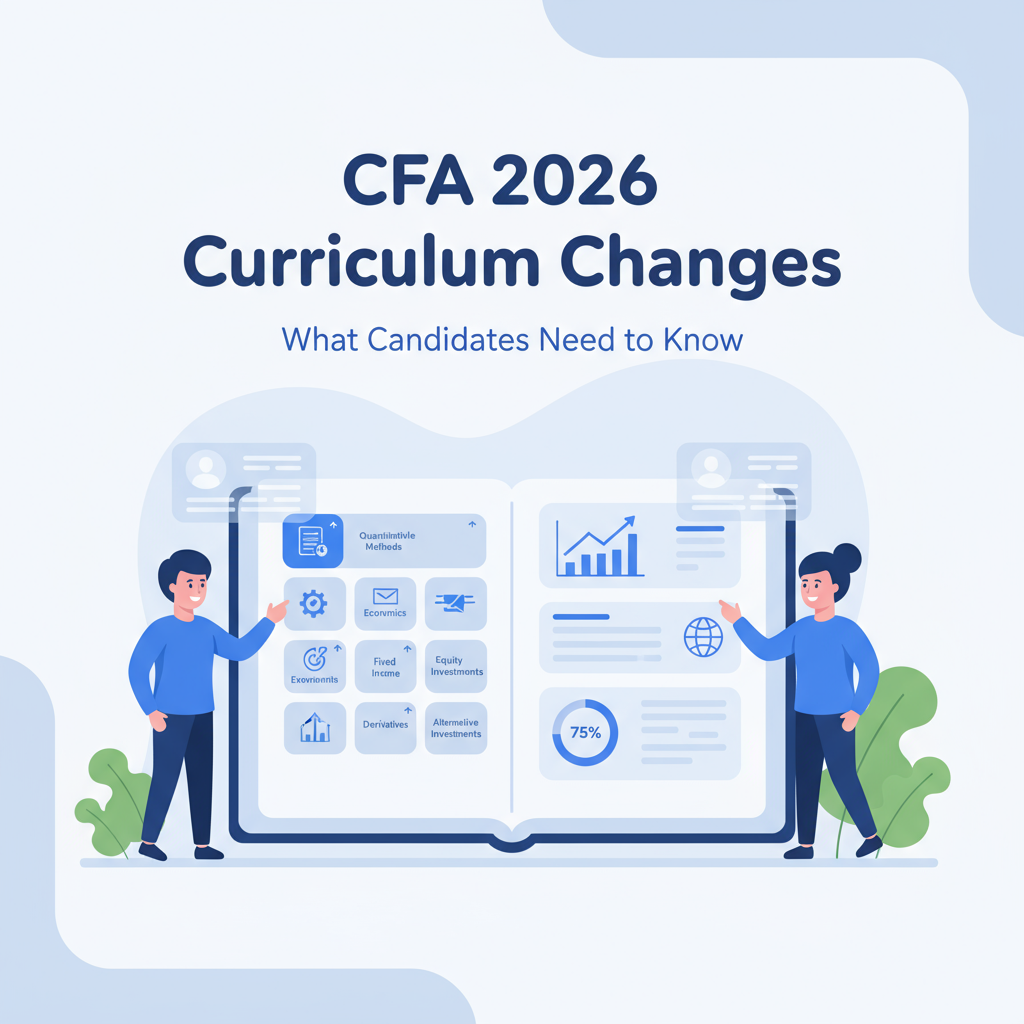 Digital illustration image with headline 'CFA 2026 Curriculum Changes What Candidates Need to Know' with two people discussing in front of a large open book