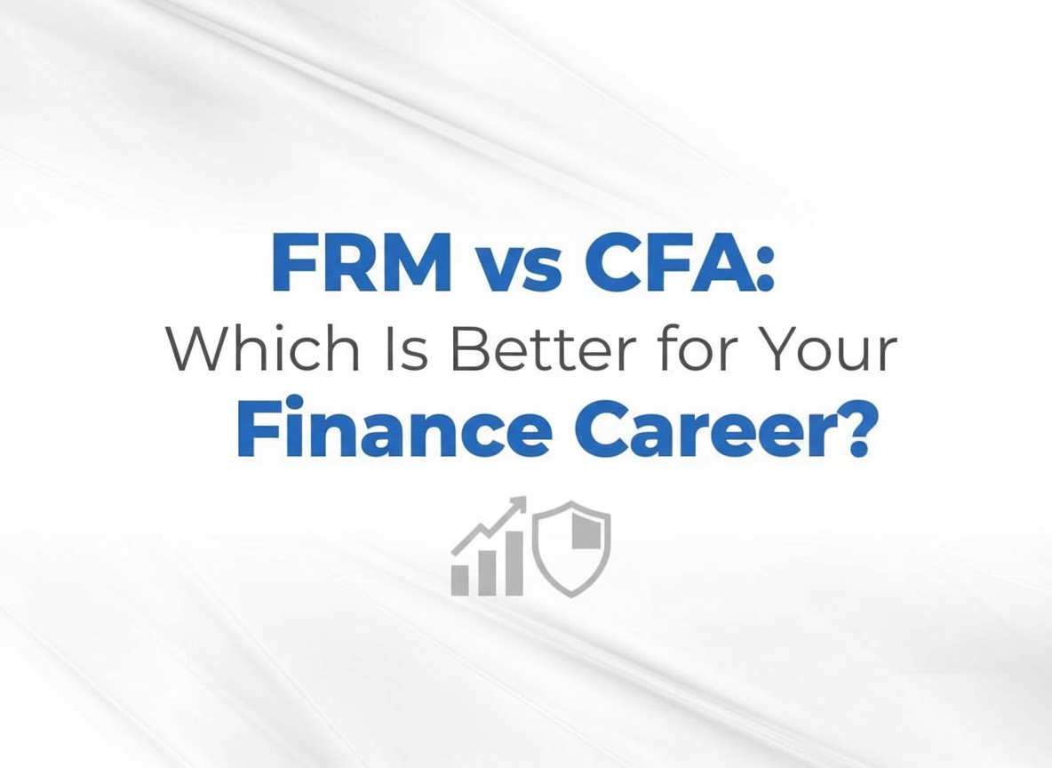 Digital illustration of a man and women on either side in front of graphs and data with heading FRM vs CFA: Which is better for your finance career?