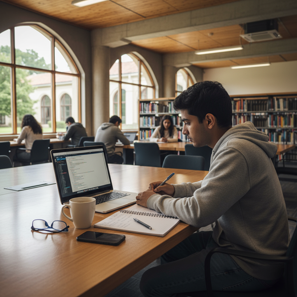 Indian student studying in a library while researching online