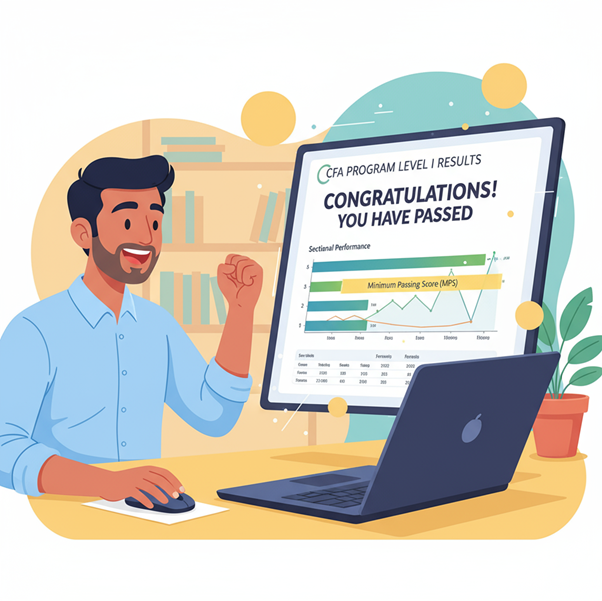 Illustration of a man checking his CFA Level 1 exam results on laptop being happy that he has passed