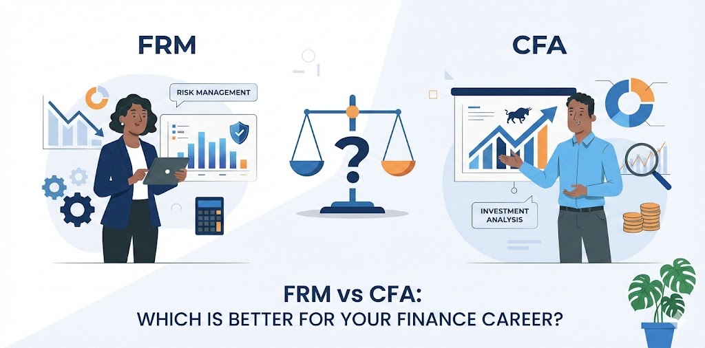 Digital illustration of a man and women on either side in front of graphs and data with heading FRM vs CFA: Which is better for your finance career?