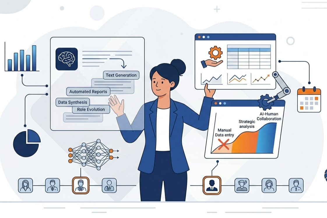 A professional woman handling charts and data provided by AI to make decisions