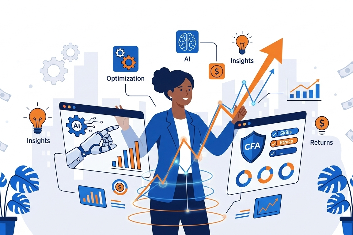 Illustration of a woman professional surrounded by graphs related to AI portfolio management and CFA