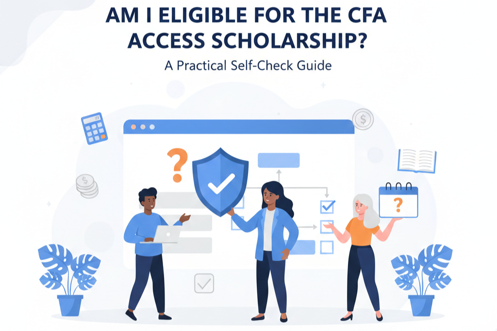 Group of people discussing with the headline 'Am I Eligible for the CFA Access Scholarship?'