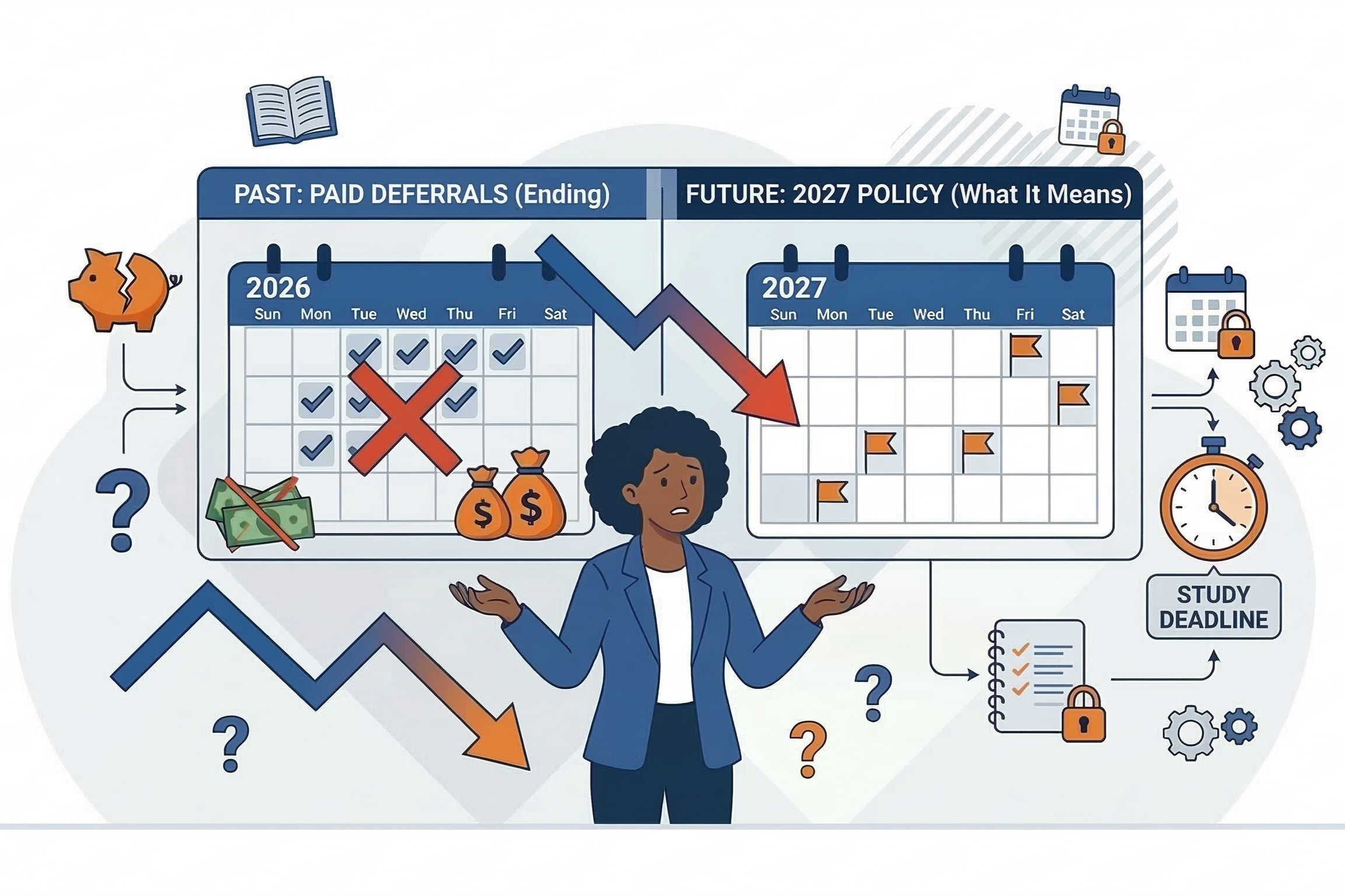 Digital illustration of a person questioning the CFA deferral paid policy ending for 2027