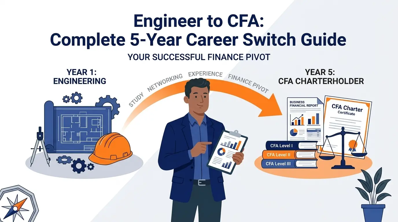 Engineer to CFA headline with the subtitle “Complete 5 Year Career Switch Guide” on white background with circular design elements.
