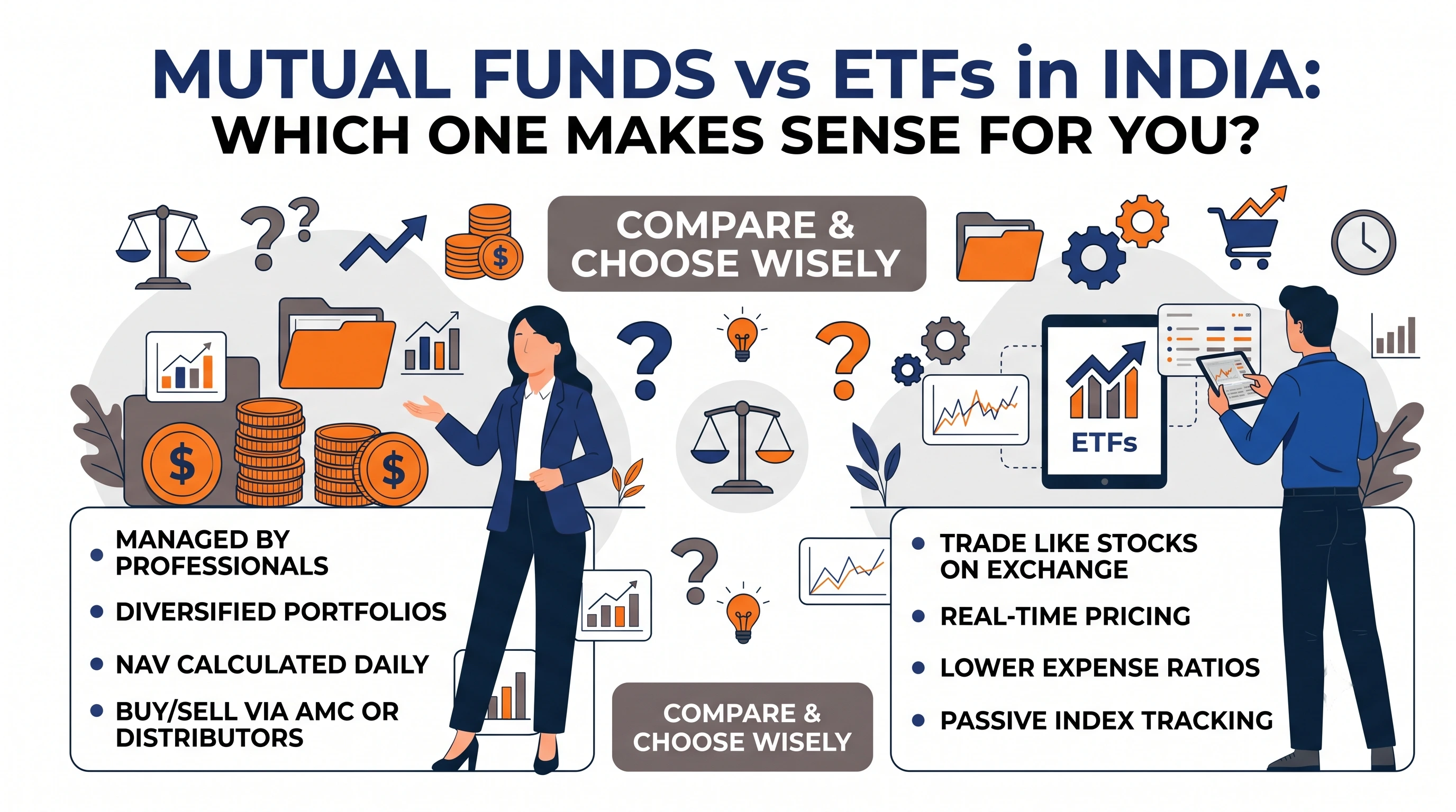 Illustration showing comparison between mutual funds and ETFs in India and which one should one get