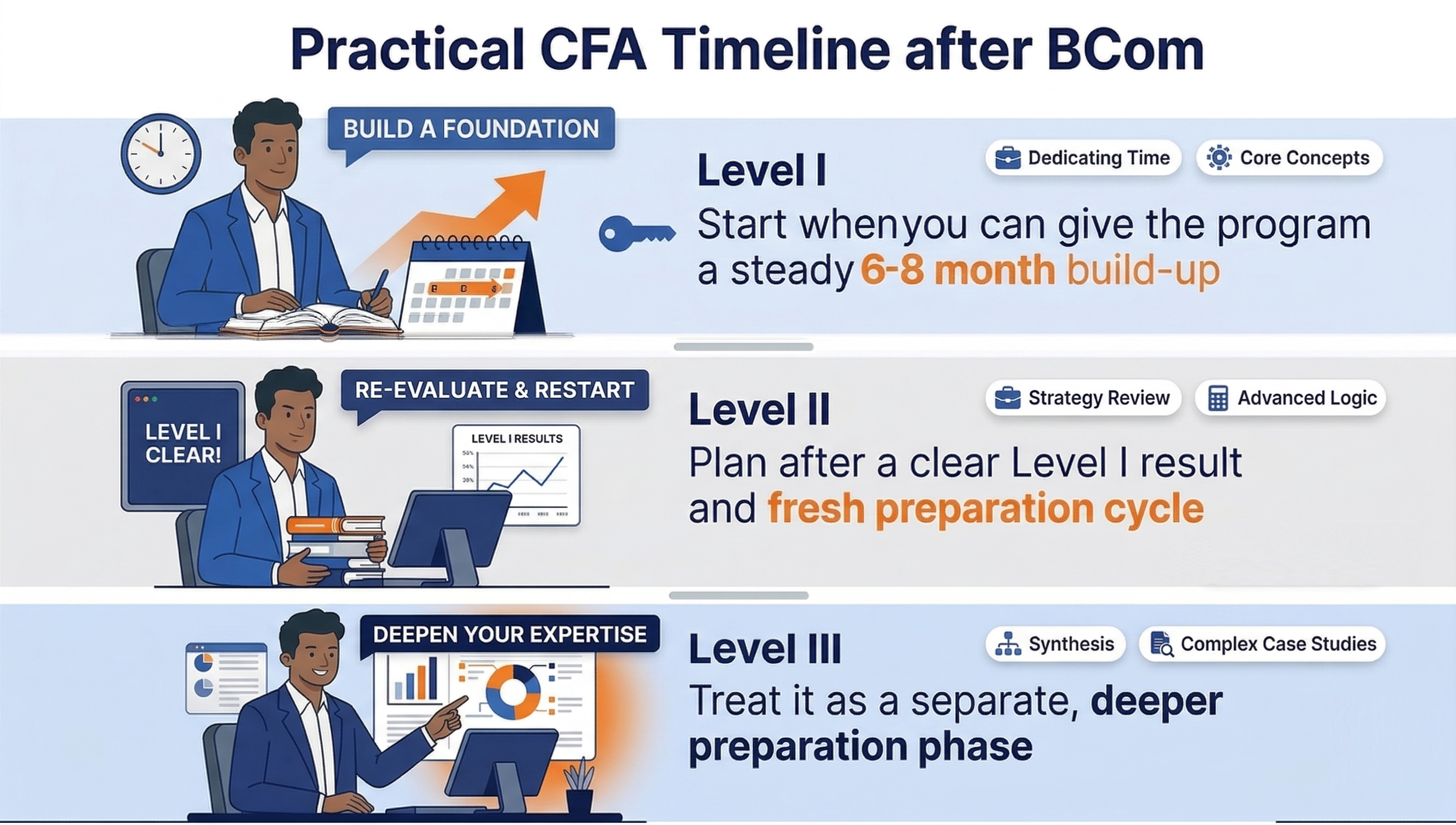 Infographic on Practical CFA Timeline after BCom explaining when one should pursue CFA