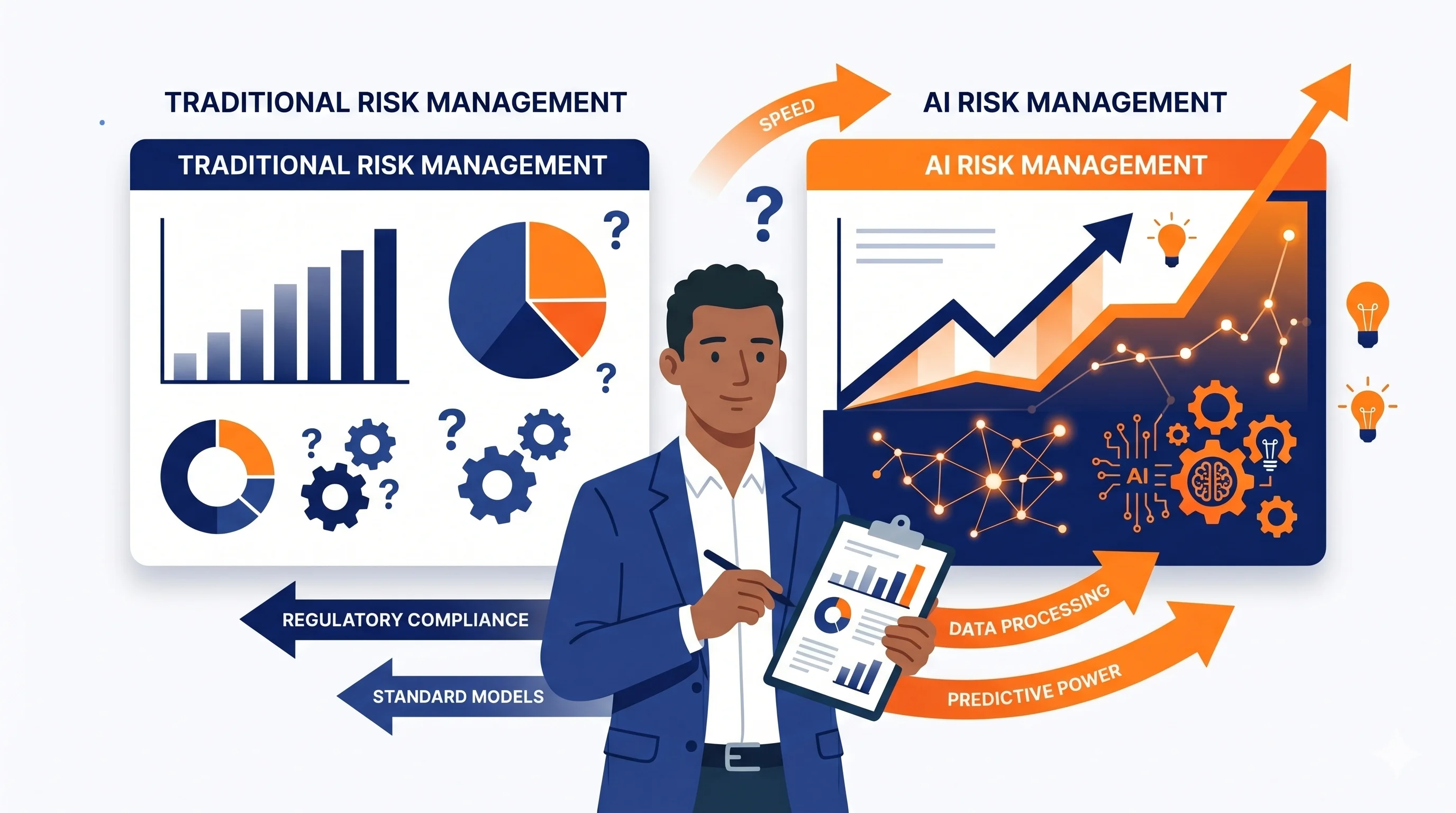 Headline traditional risk management vs AI risk management with a person holding a clipboard with data