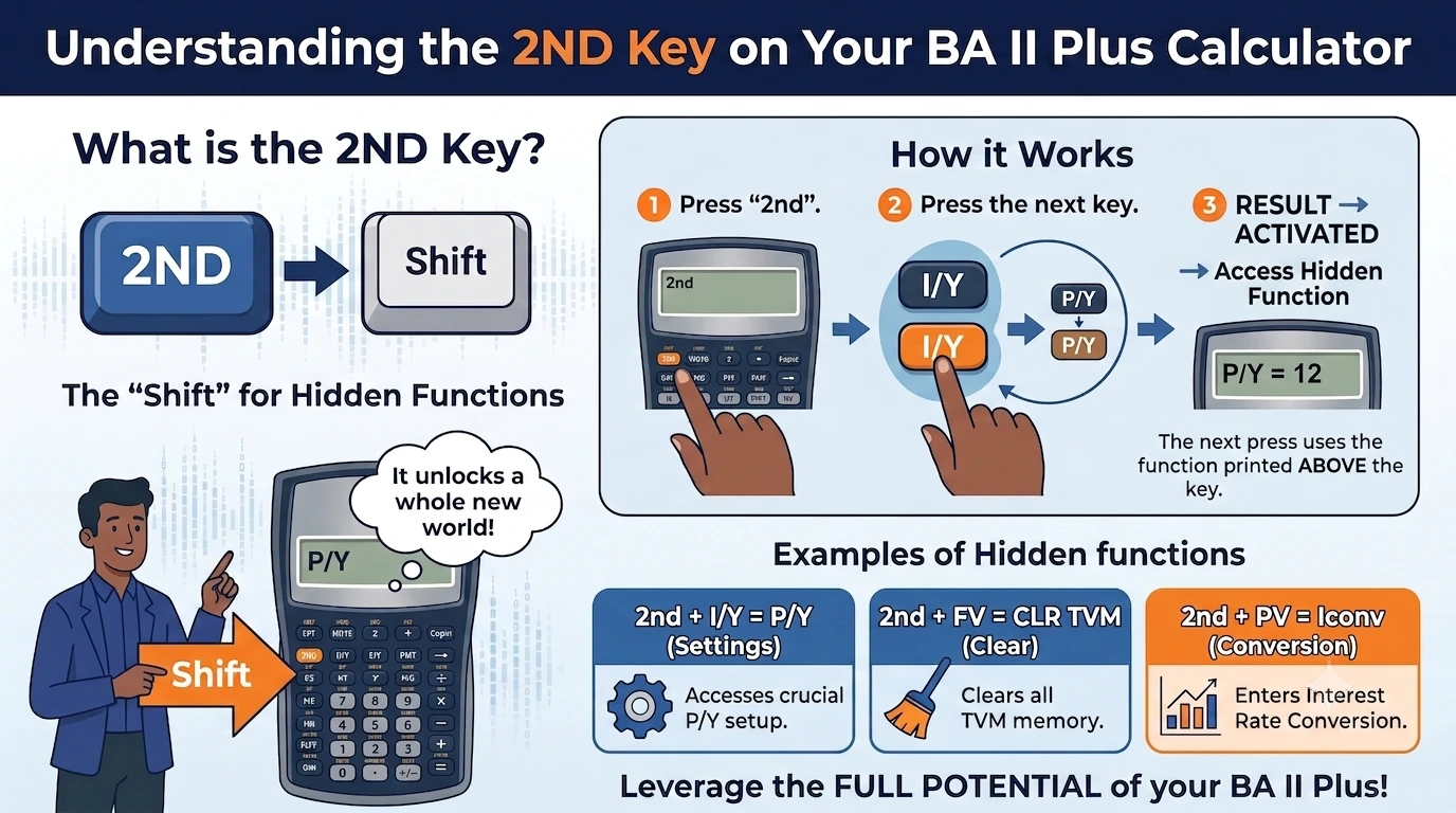 Understanding the 2nd key on BA II Plus calculator infographic showcasing how it works with examples