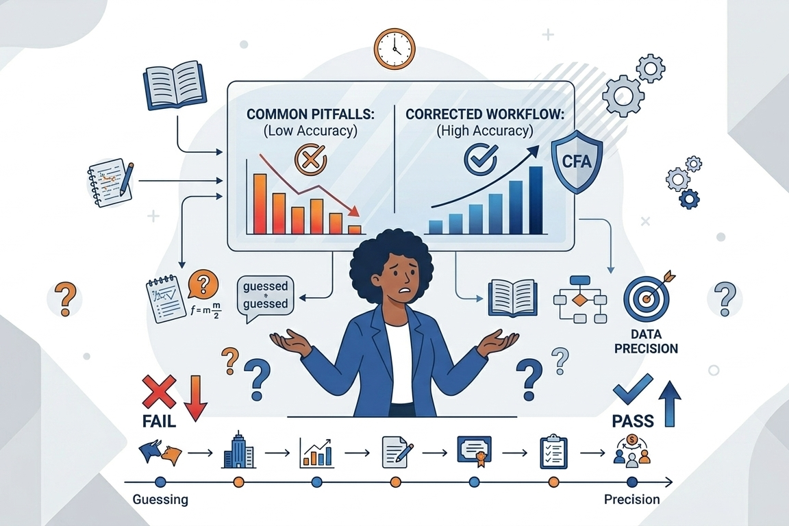 Illustration of a woman with books and formulas in background wondering about why students fail CFA